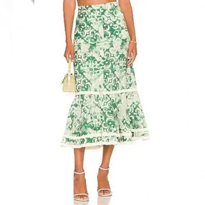 Alexis Galli Midi Skirt M Linen Cotton Sage Ivory Straw Raffia Hem Ruffle $473